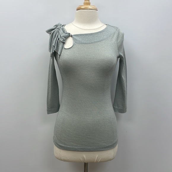 NWT Anthropologie Del Metallic Bow Keyhole 3/4 Sleeve Knit Blouse Teal XS - Picture 1 of 9